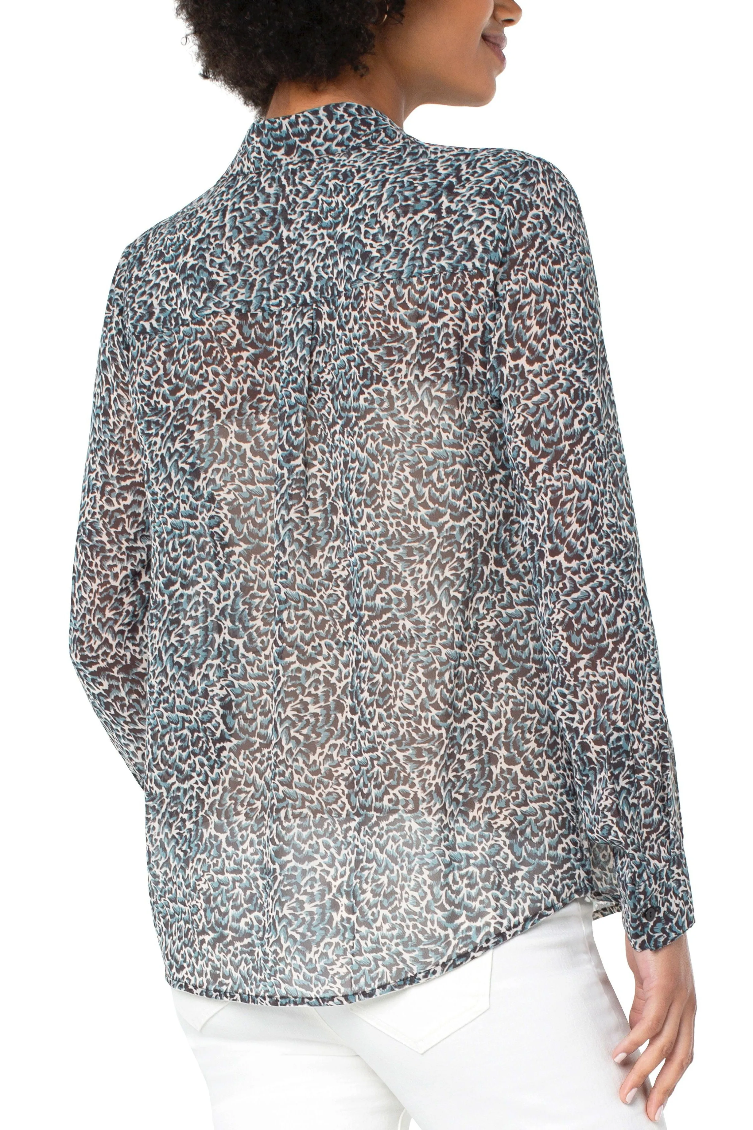 Liverpool Double Layer Hidden Placket Long Sleeve Blouse In Teal