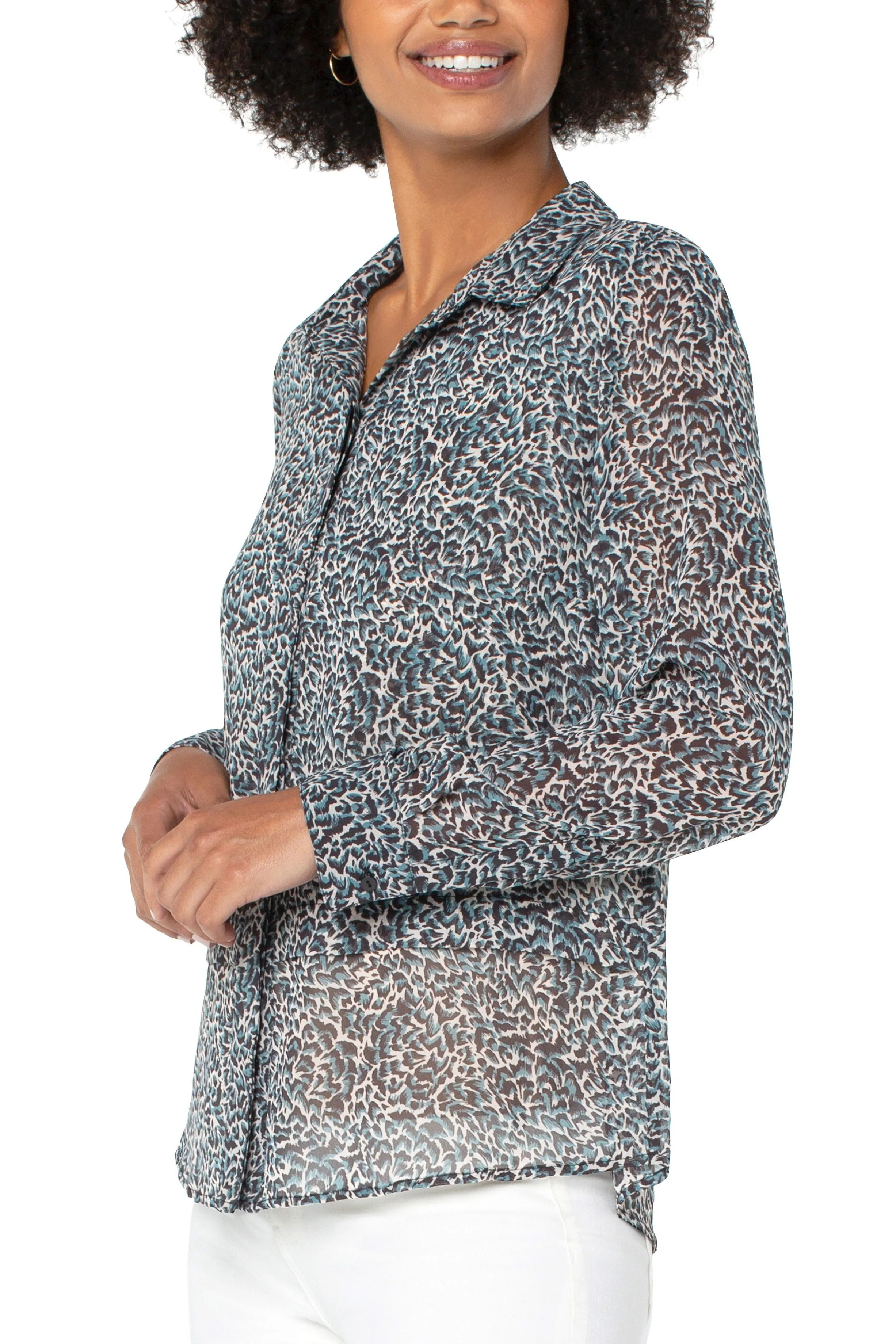 Liverpool Double Layer Hidden Placket Long Sleeve Blouse In Teal