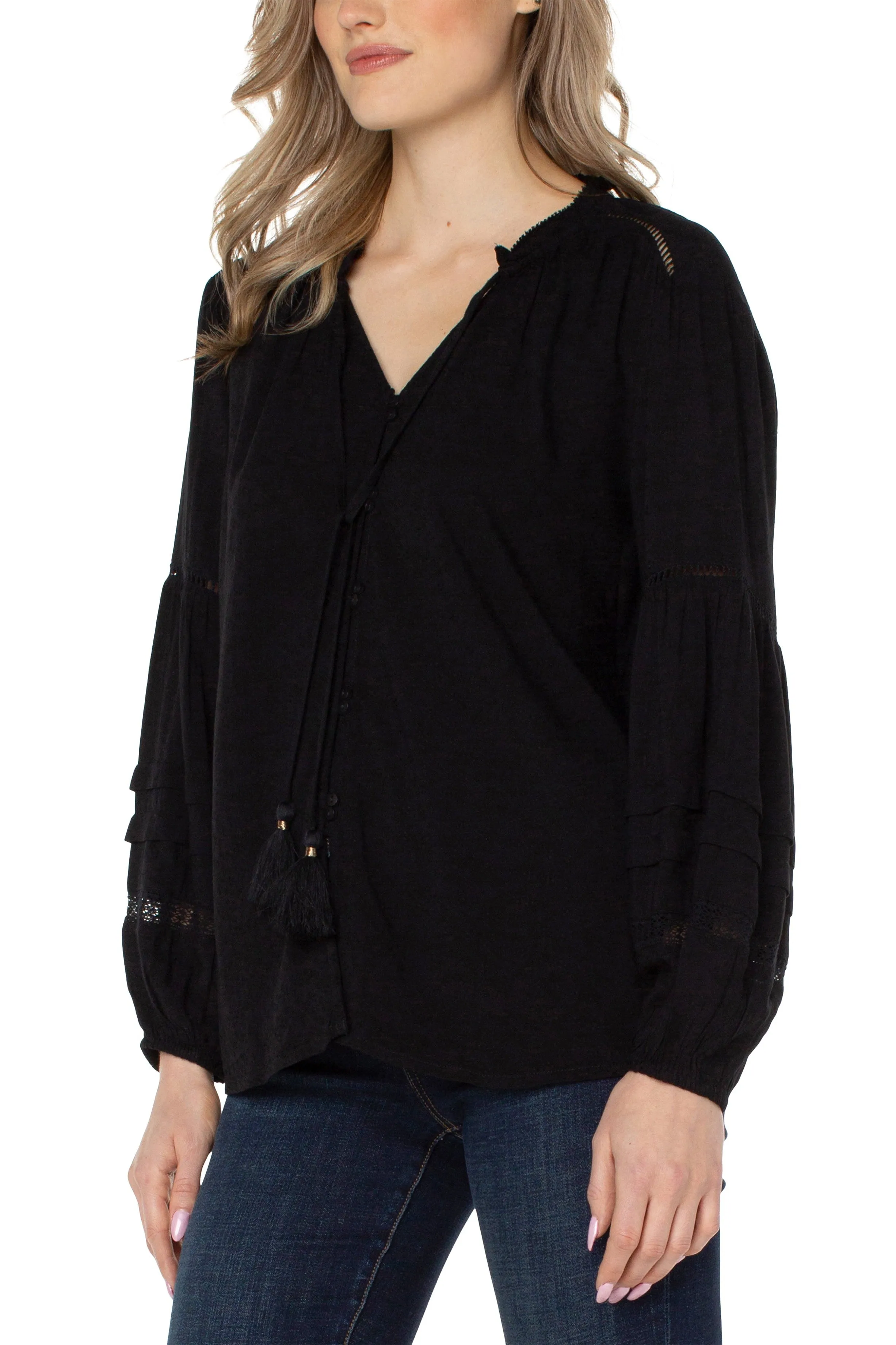 Liverpool Long Sleeve Popover Shirred Blouse In Black