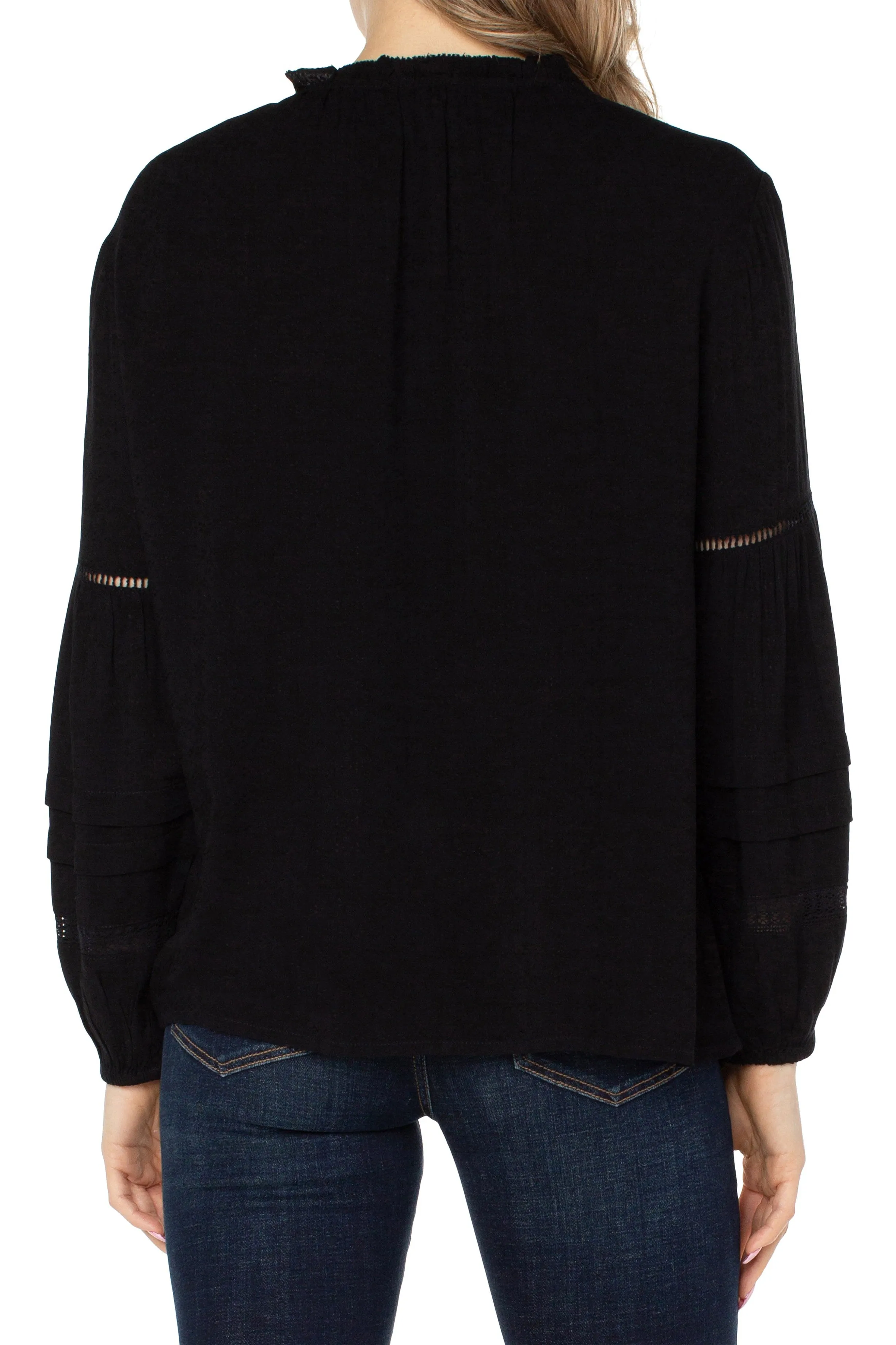Liverpool Long Sleeve Popover Shirred Blouse In Black