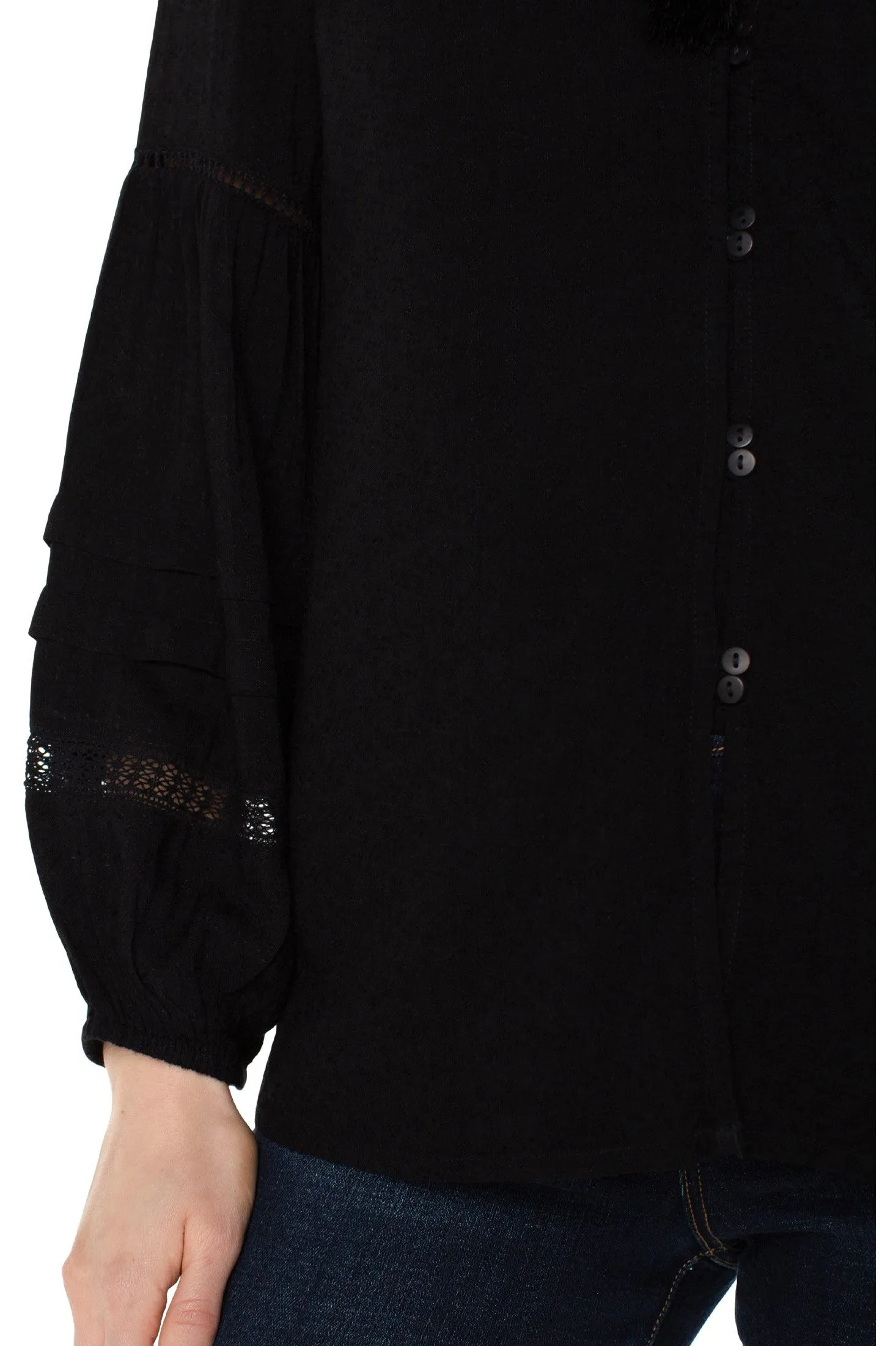 Liverpool Long Sleeve Popover Shirred Blouse In Black