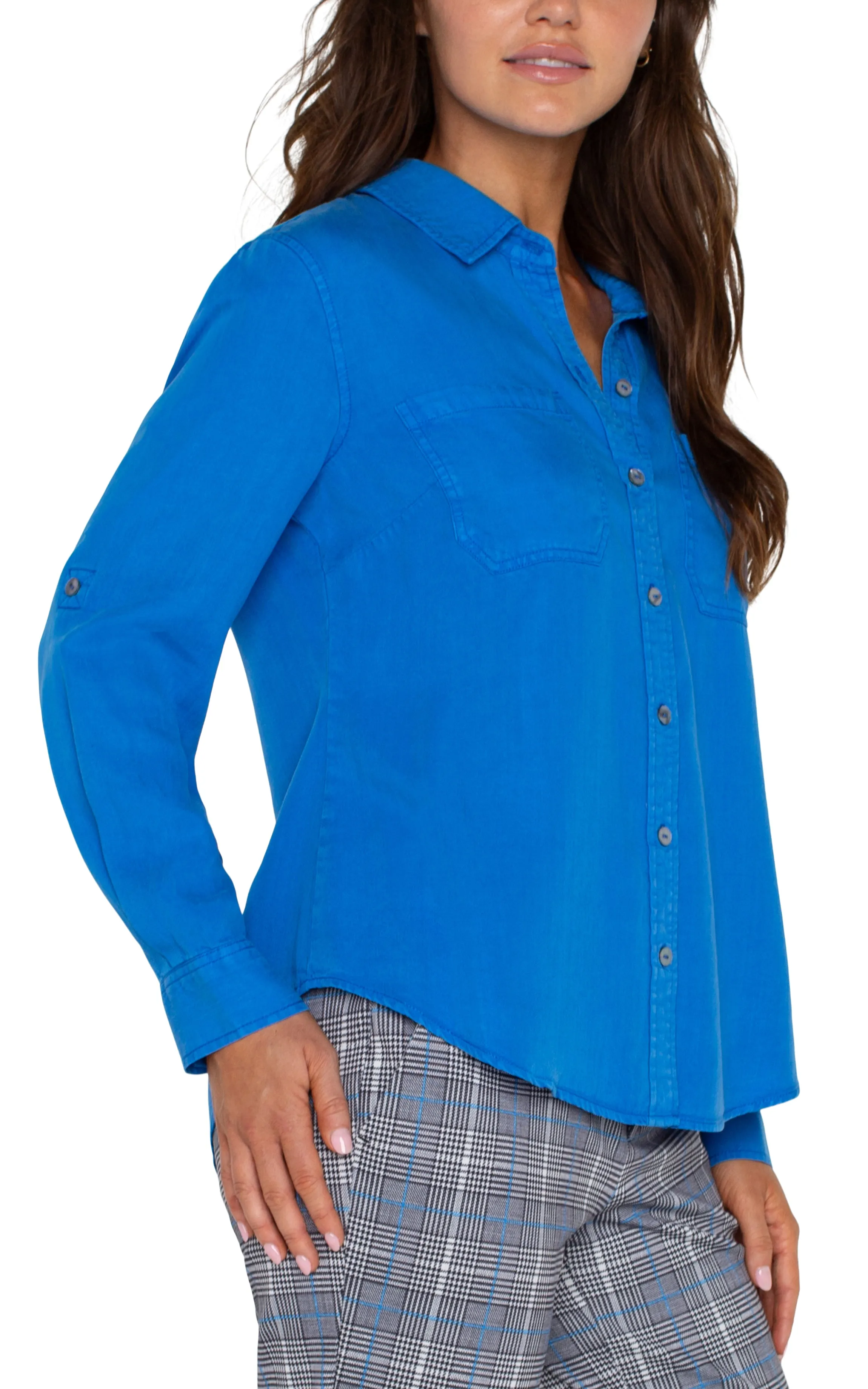 Liverpool Rolled Sleeve Button Down Shirt In Blue Topaz