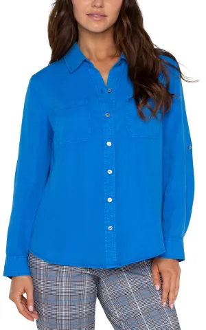 Liverpool Rolled Sleeve Button Down Shirt In Blue Topaz