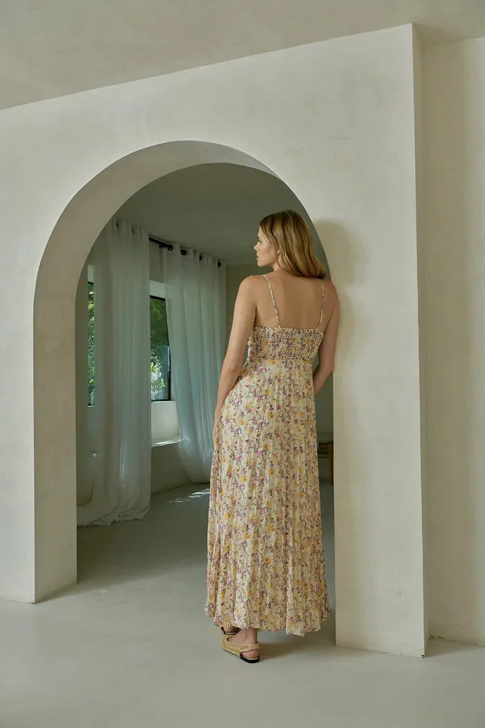 Lucy Paris Rose Yellow Floral Pleated Maxi Dress