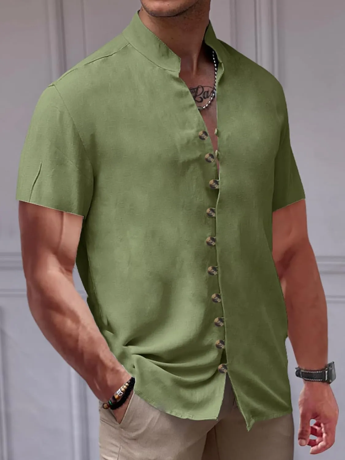 Mens Linen Shirt Short Sleeve Button Down Collar T Shirt Blouses Casual Solid Color Summer Vacation Beach Shirts