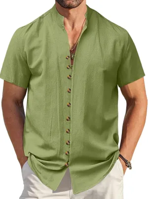 Mens Linen Shirt Short Sleeve Button Down Collar T Shirt Blouses Casual Solid Color Summer Vacation Beach Shirts