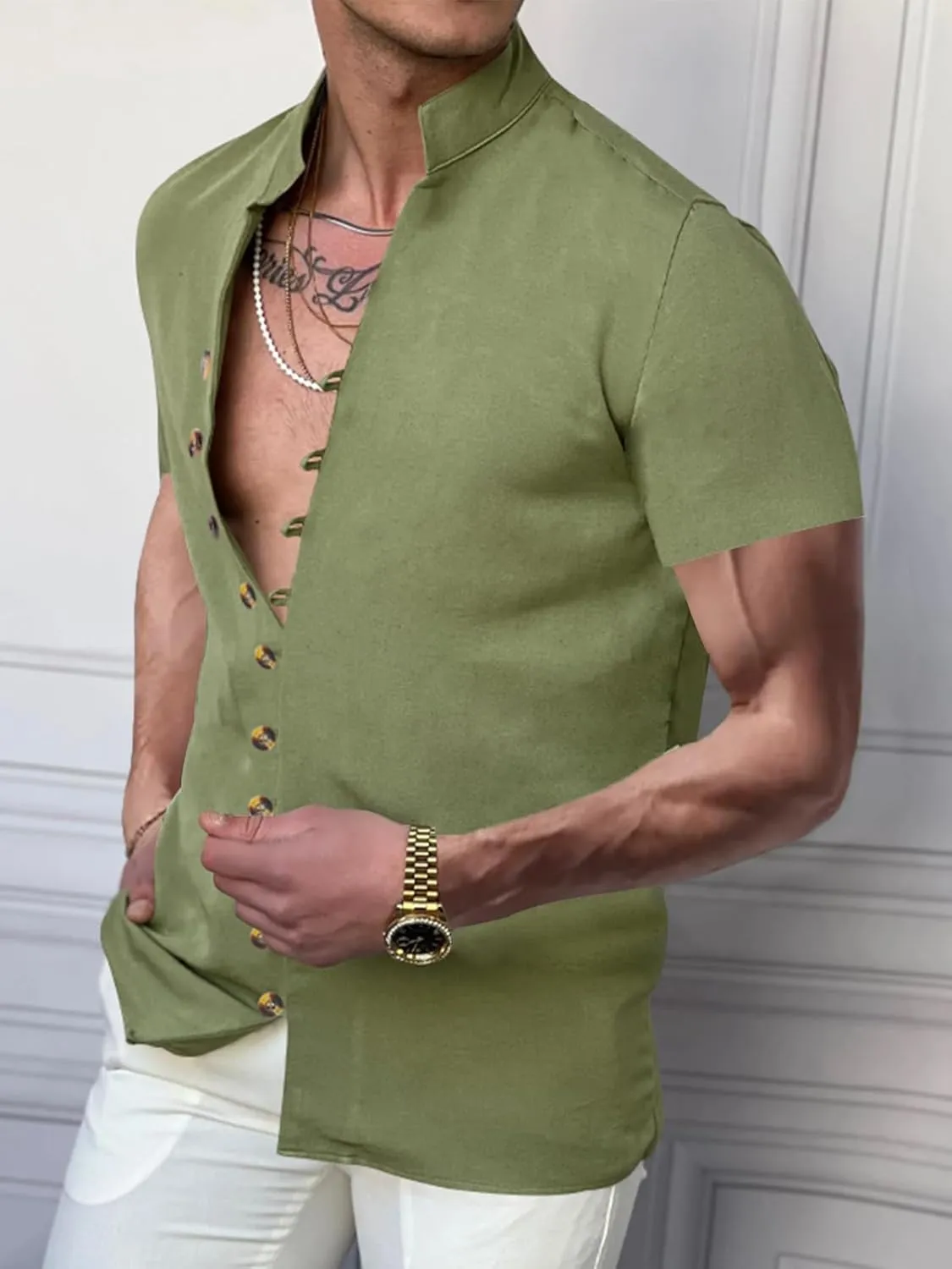 Mens Linen Shirt Short Sleeve Button Down Collar T Shirt Blouses Casual Solid Color Summer Vacation Beach Shirts
