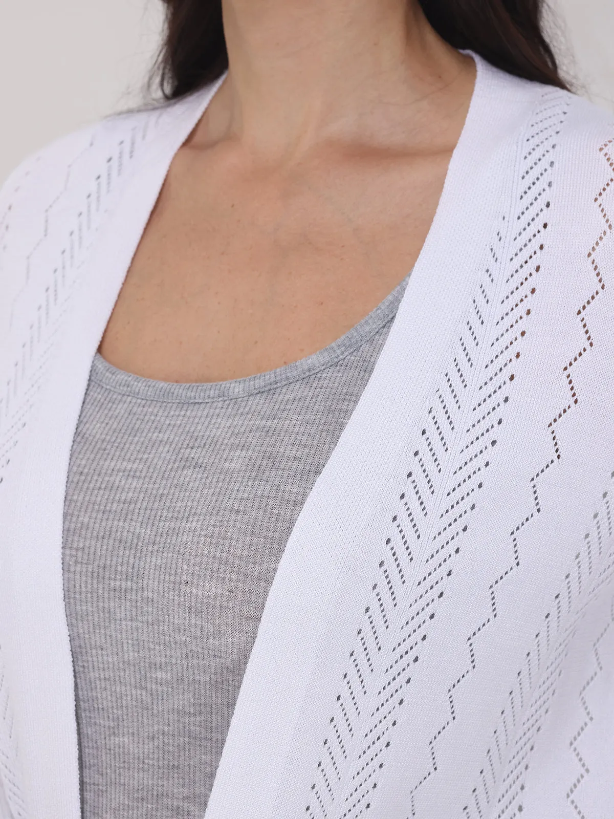 Mixed Pointelle Open Front Cardigan
