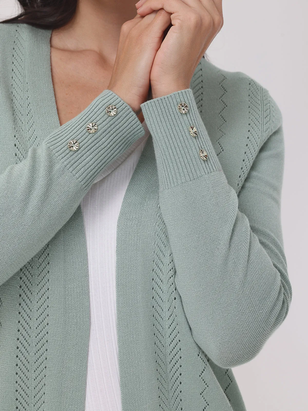 Mixed Pointelle Open Front Cardigan
