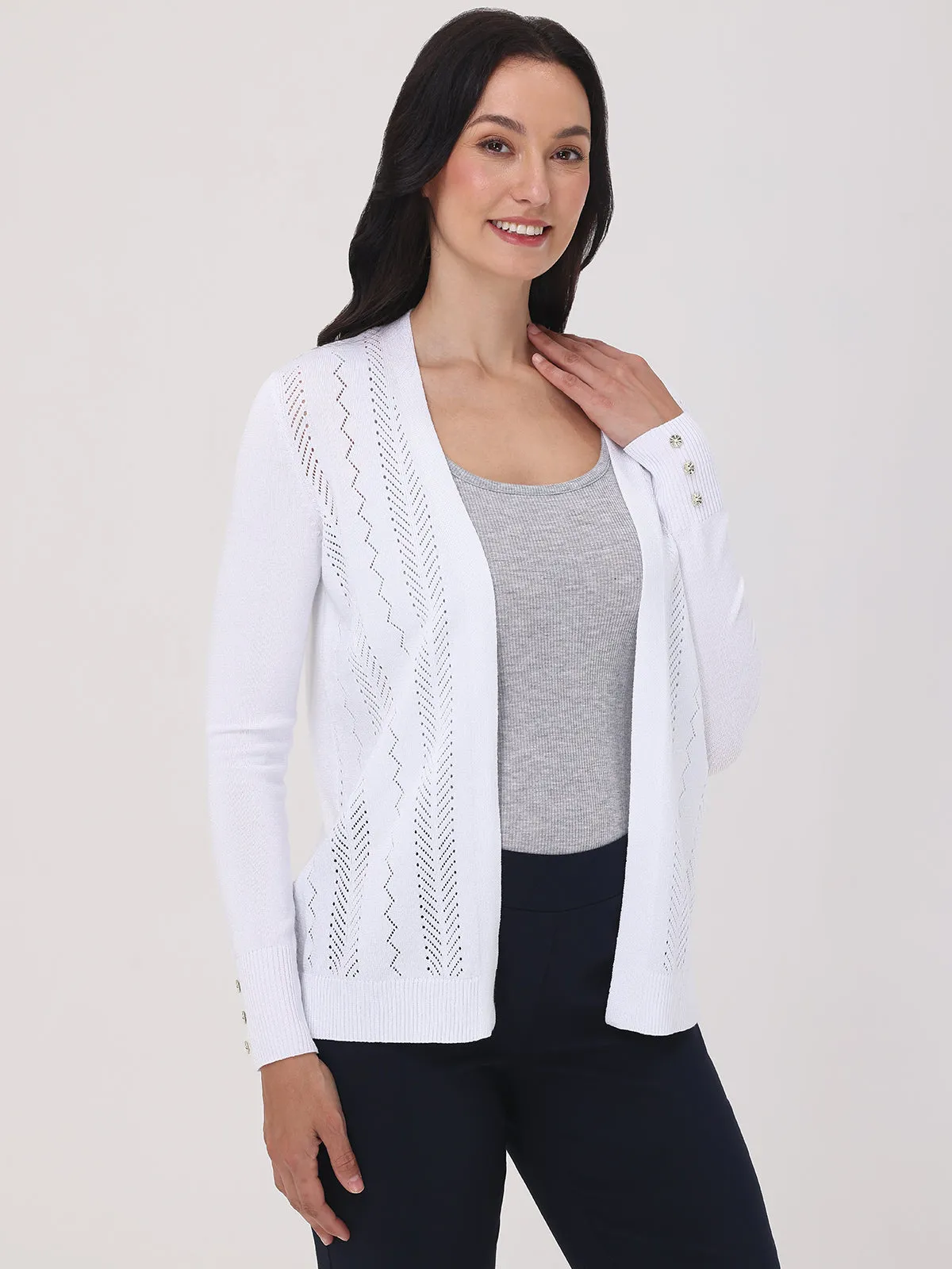 Mixed Pointelle Open Front Cardigan