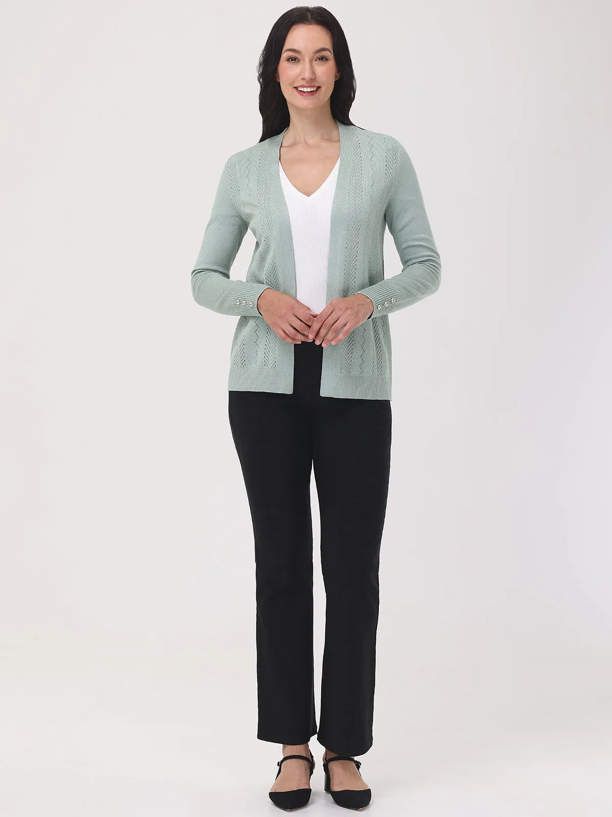 Mixed Pointelle Open Front Cardigan