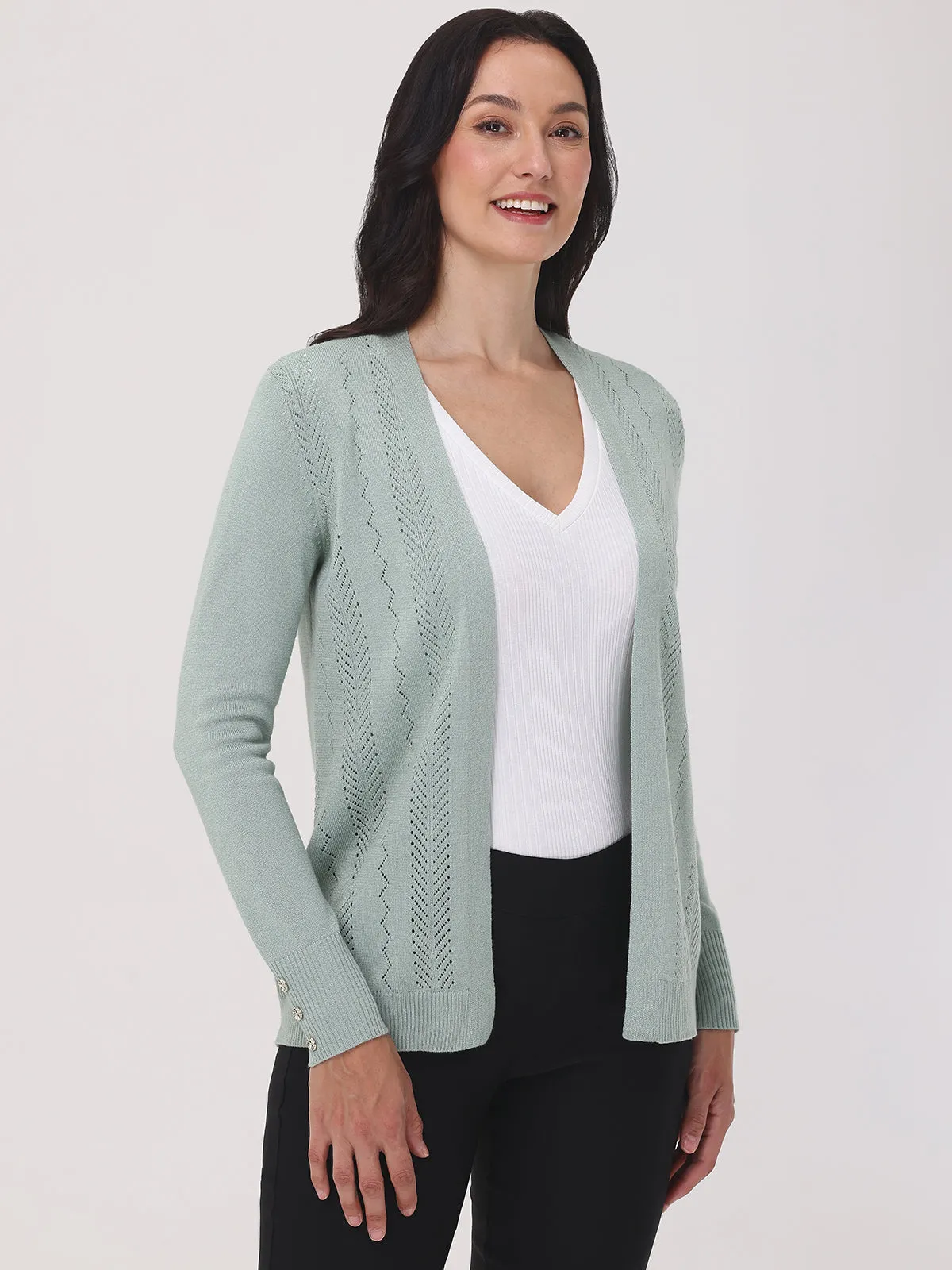 Mixed Pointelle Open Front Cardigan