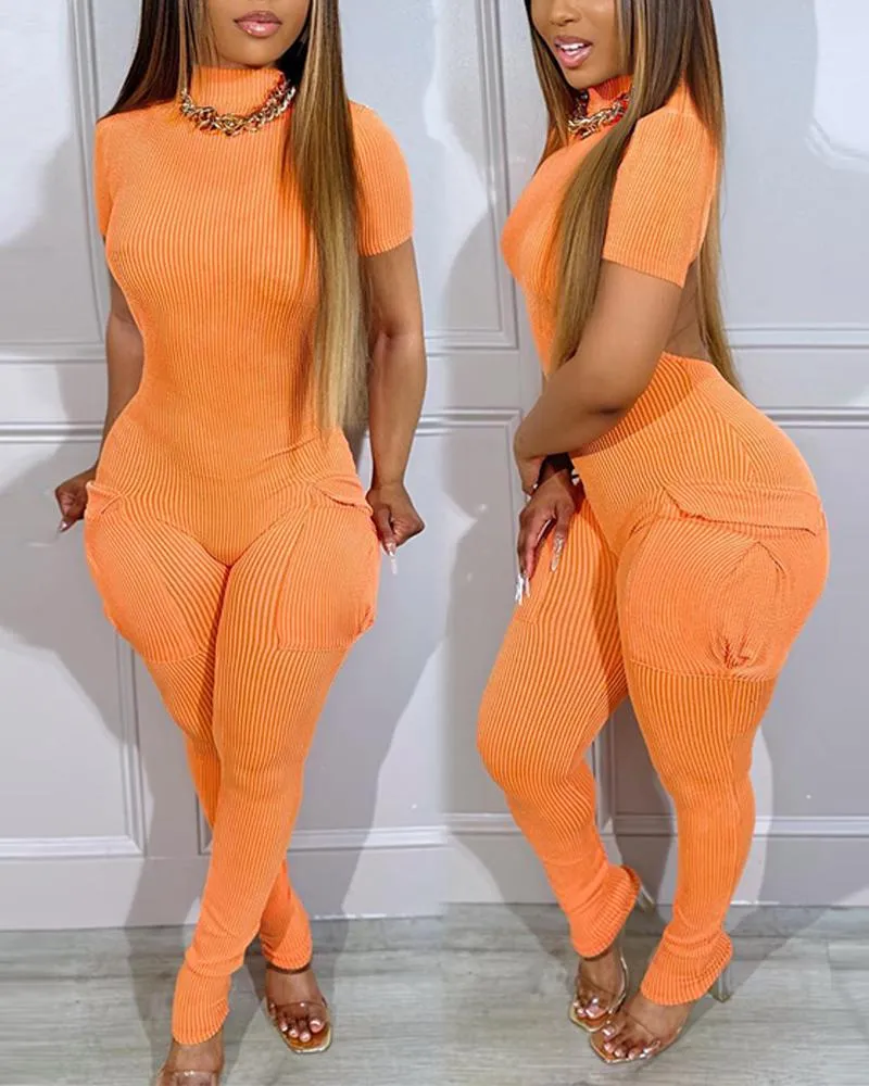 Mock Neck Pocket Design Cutout Jumpsuit