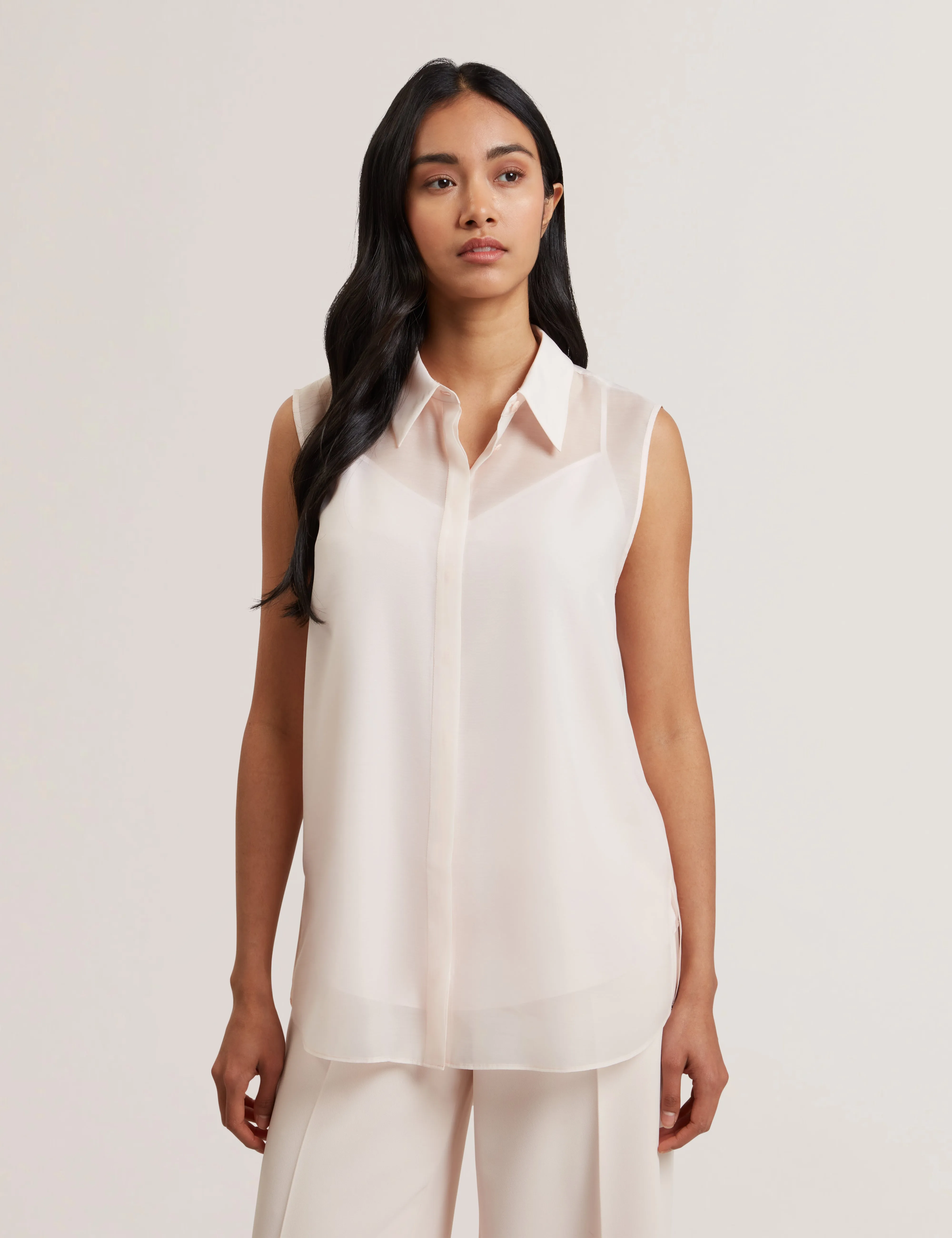Norella Button Down Sleeveless Organza Shirt Pl-Pink