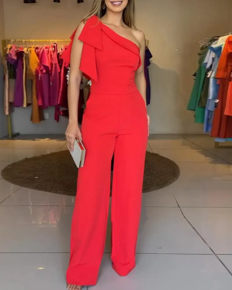 One Shoulder Tied Detail Sleeveless Jumpsuit Casual Cold Shoulder Waist Romper