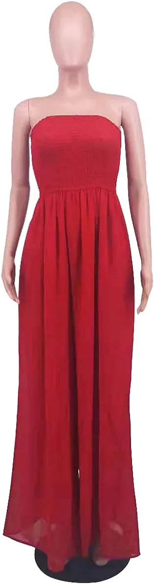 Ophestin Women's Strapless Tube Wide Leg Jumpsuits Smocked Women Jumpsuits Dressy Casual Flowy One Piece Jumpsuits Rompers