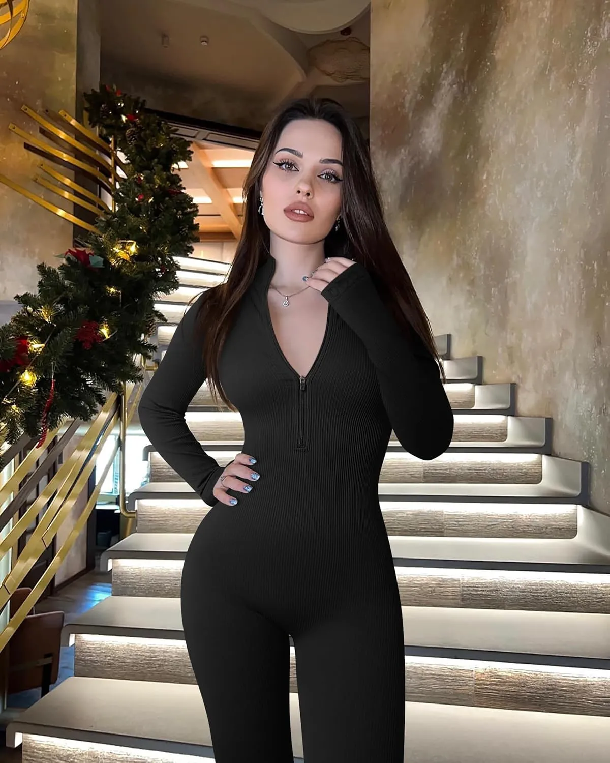 OQQ Women's Yoga Jumpsuits Ribbed Long Sleeve Zip Front Sport Bell Bottoms Flare Jumpsuits