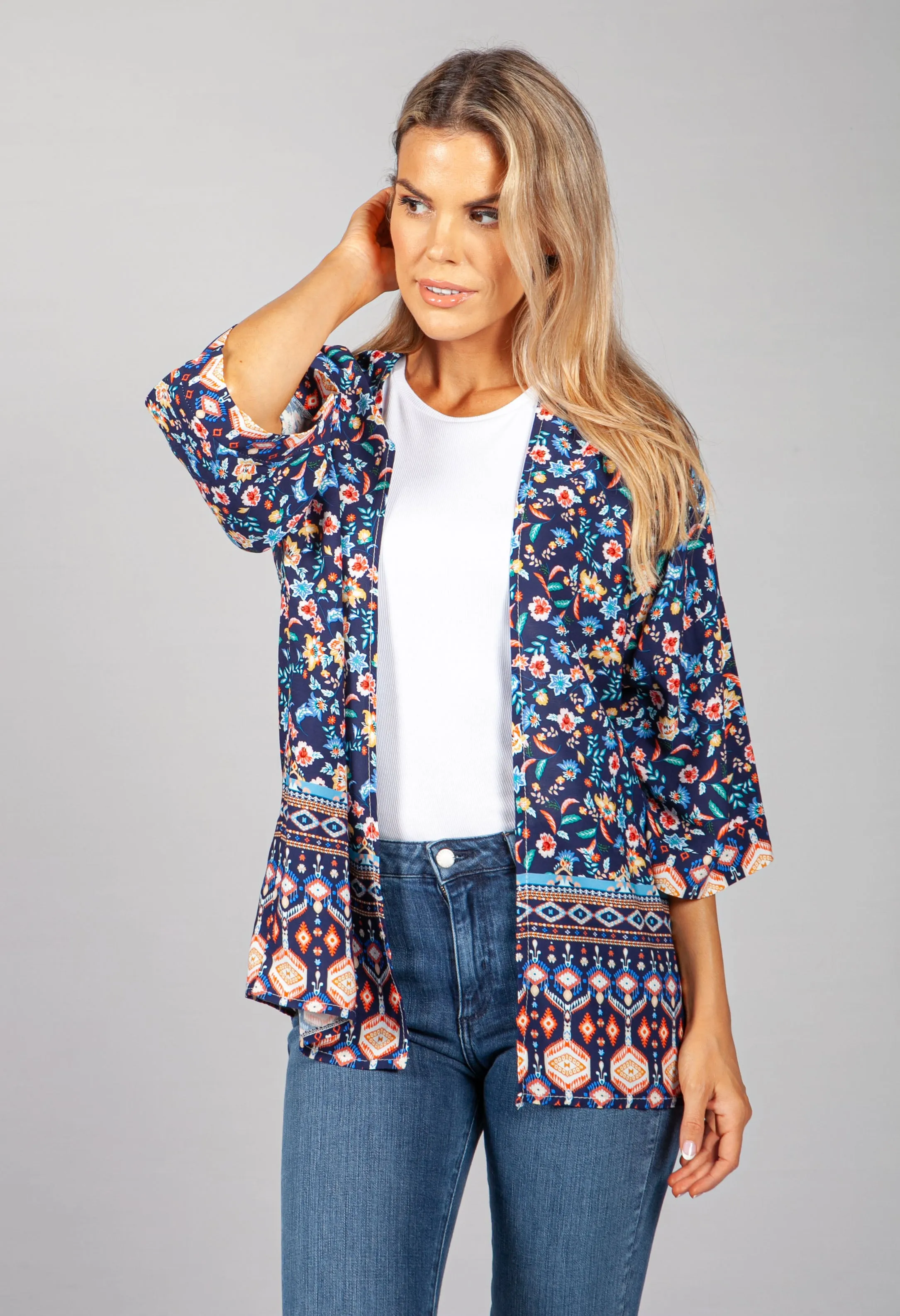 PAMELA SCOTT FLORAL KIMONO STYLE CARDIGAN IN NAVY