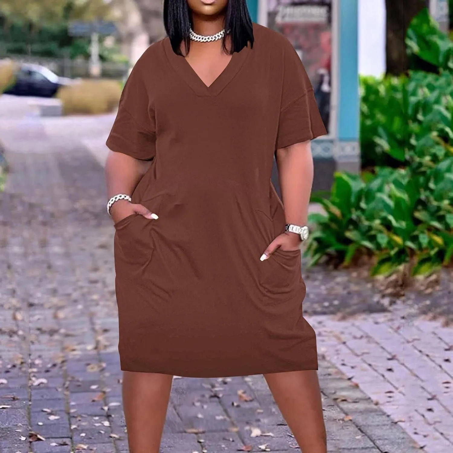 Plus Size V Neck Midi Dresses for Women Baggy V Neck T-Shirt Dress Solid Loose Fitting Sundress with Pokets