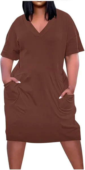 Plus Size V Neck Midi Dresses for Women Baggy V Neck T-Shirt Dress Solid Loose Fitting Sundress with Pokets