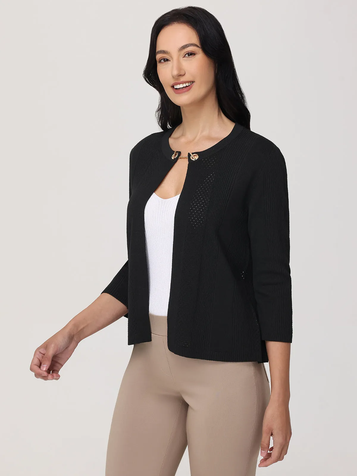 Pointelle 3/4 Sleeve Crop Cardigan