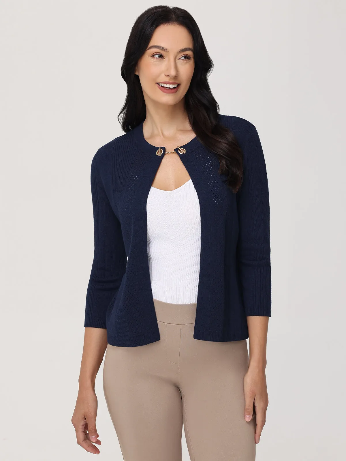 Pointelle 3/4 Sleeve Crop Cardigan