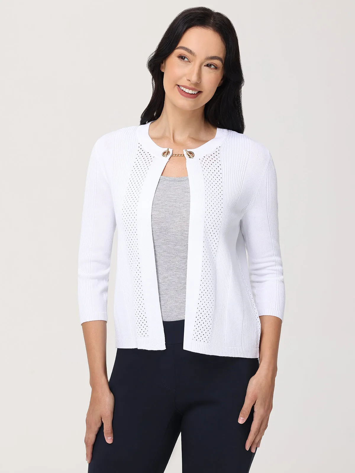 Pointelle 3/4 Sleeve Crop Cardigan