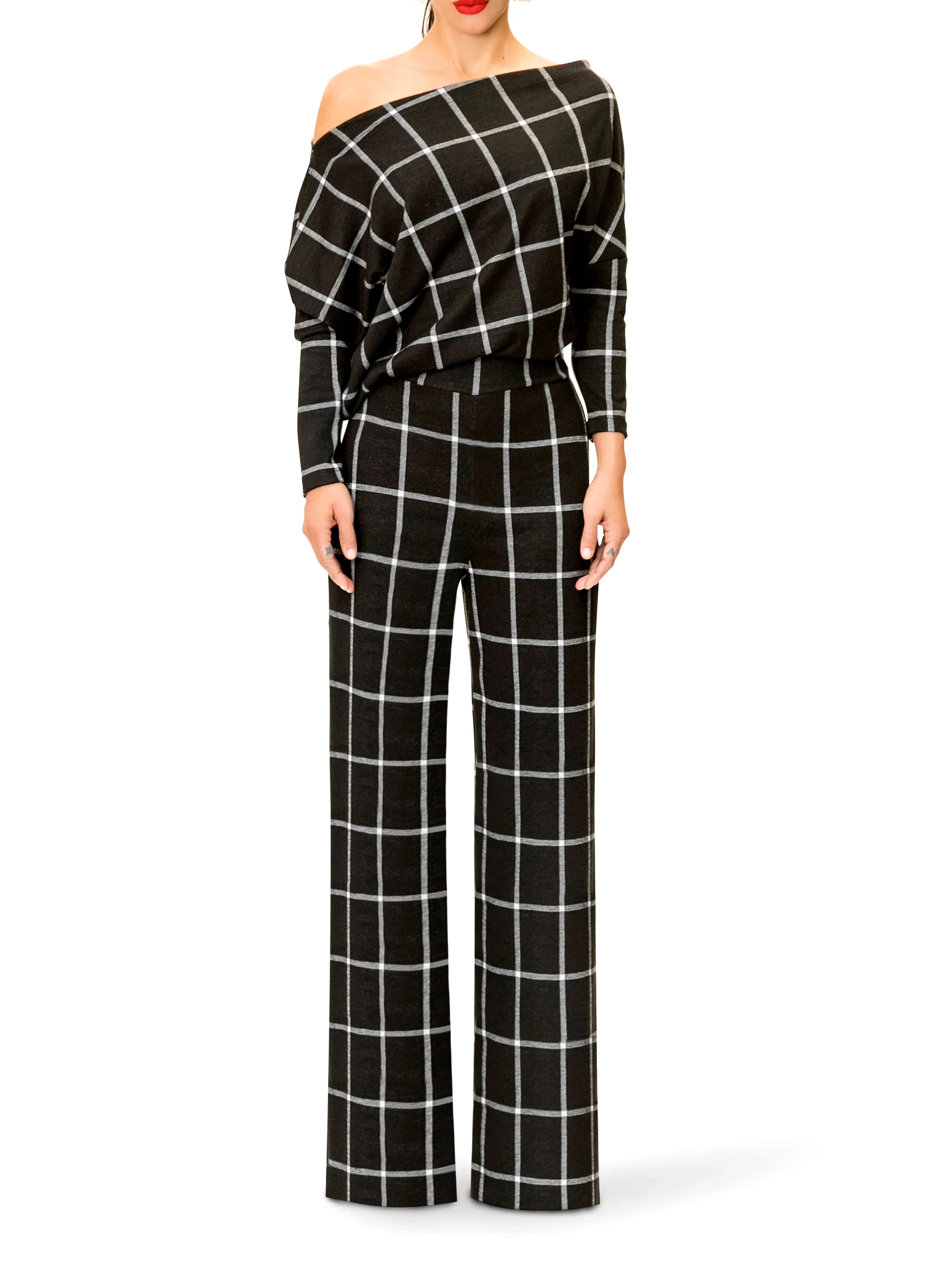 "Pam" Off Shoulder Window Pane Jumpsuit