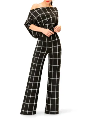 "Pam" Off Shoulder Window Pane Jumpsuit