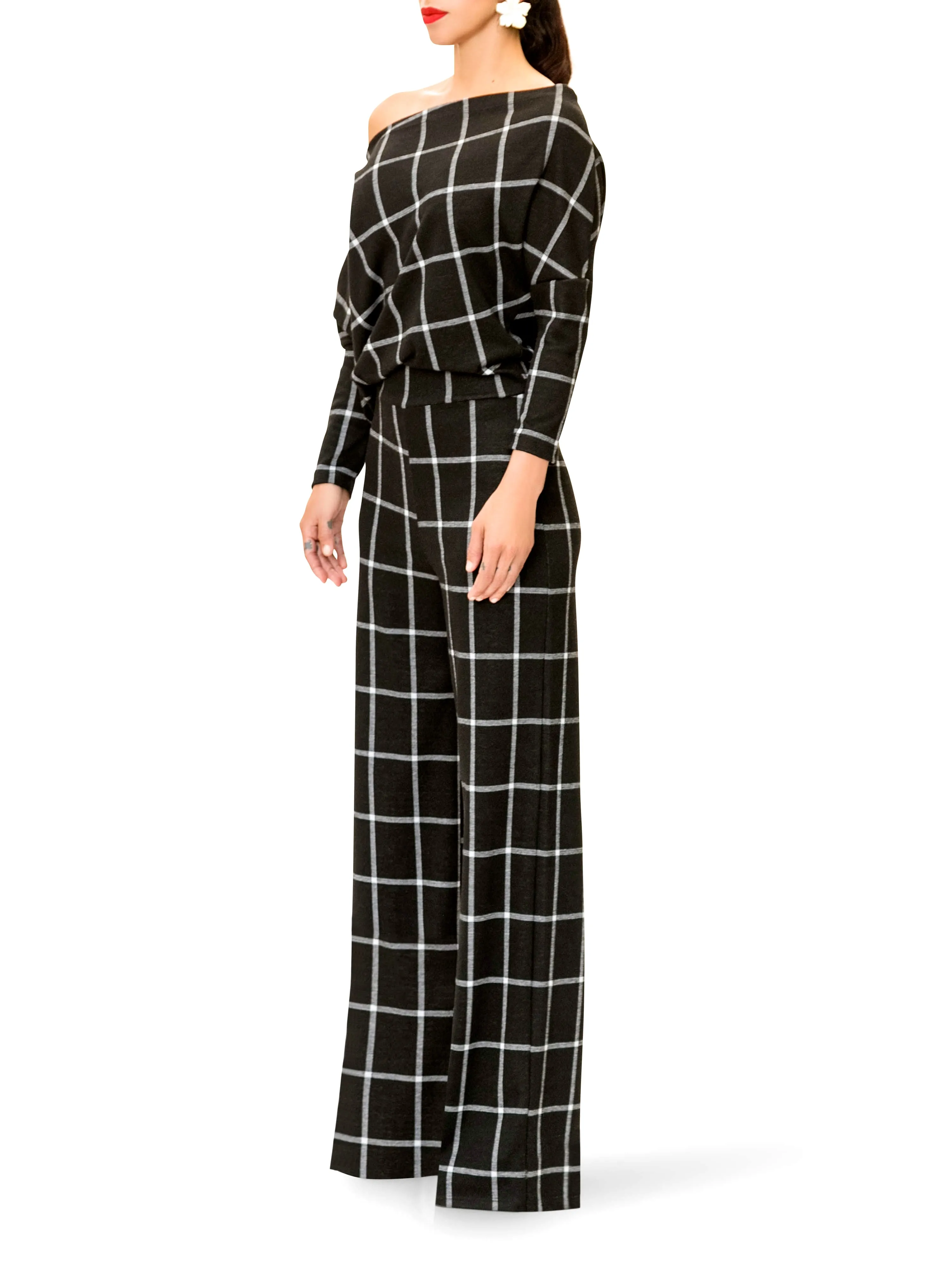 "Pam" Off Shoulder Window Pane Jumpsuit