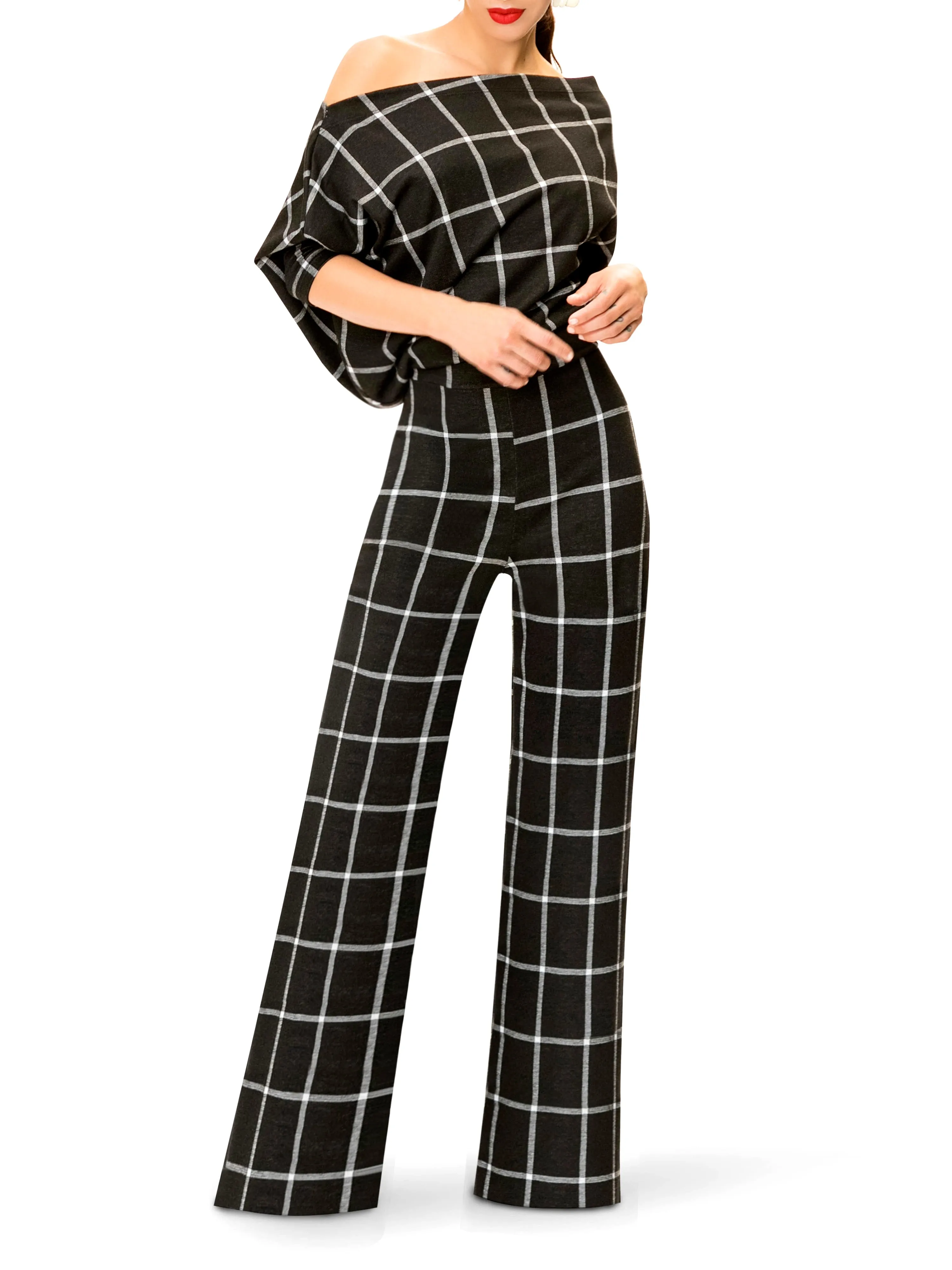 "Pam" Off Shoulder Window Pane Jumpsuit