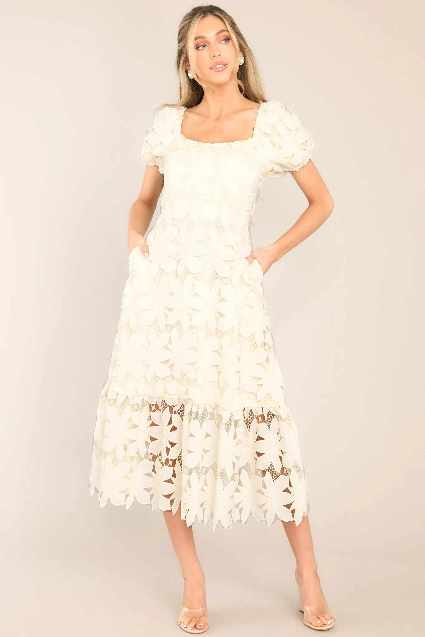 Rays Of Hope Ivory Lace Floral Midi Dress