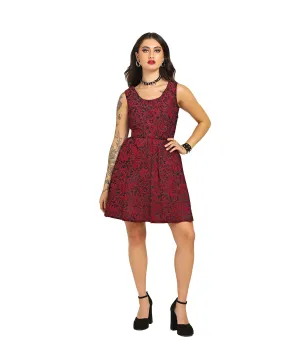 Red Brocade Charm - Trendy Pleated Brocade Dress