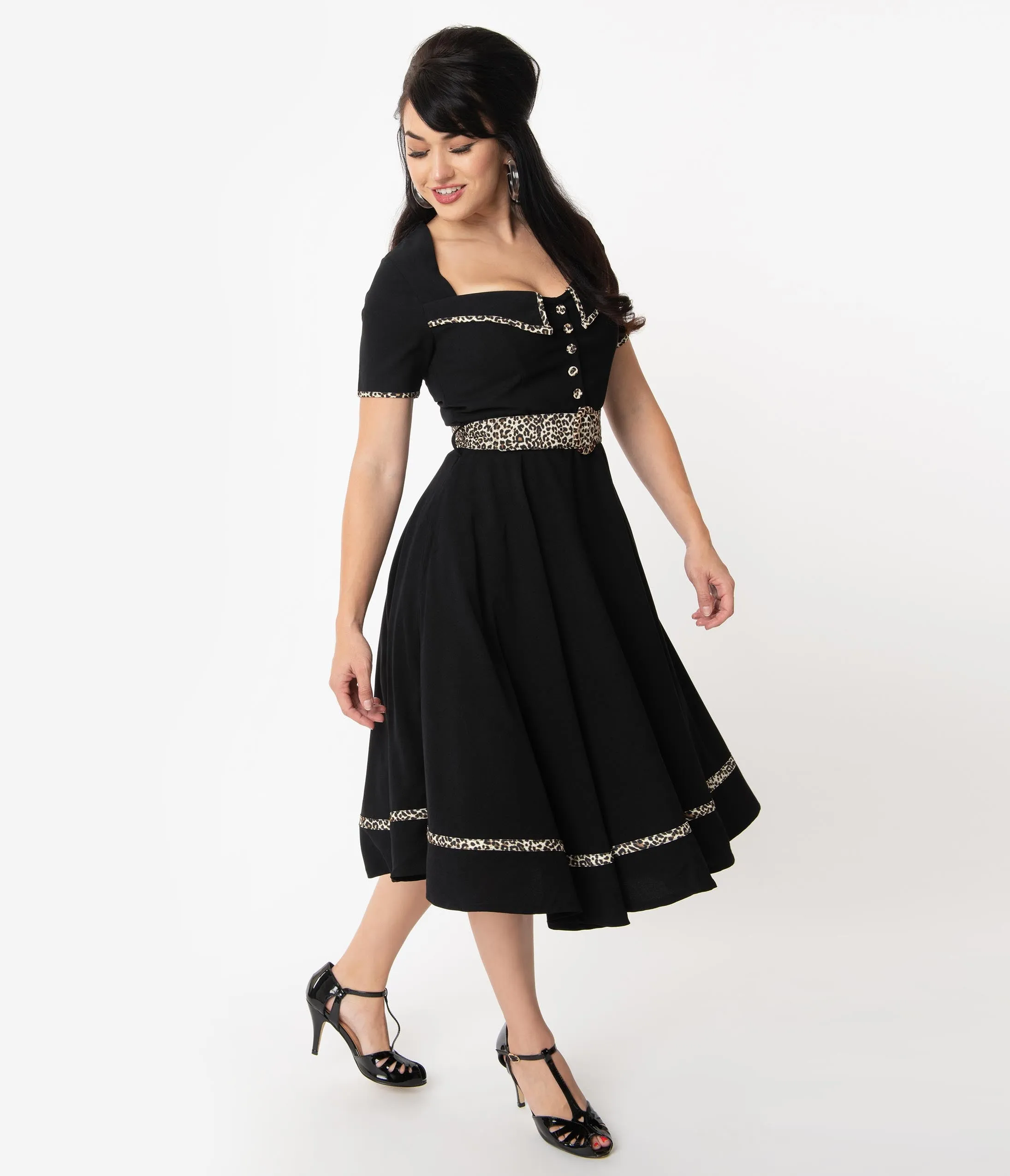 Retro Style Black & Leopard Trim Yael Swing Dress