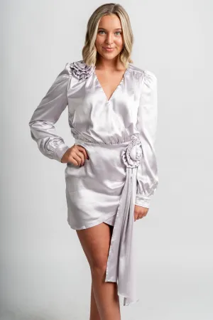 Rosette satin wrap mini dress mauve