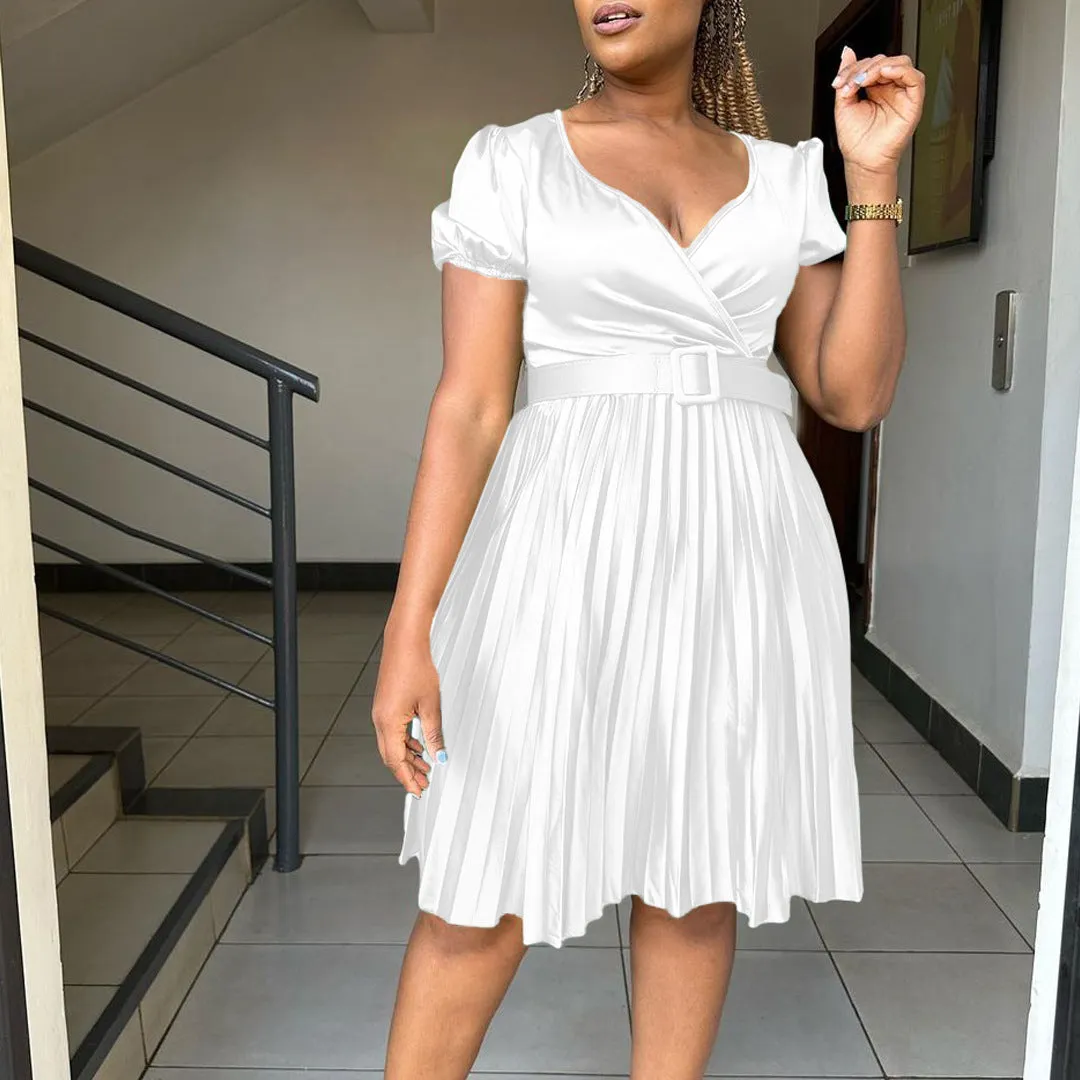 Seductive Pleated Plus Size V-Neck Dress