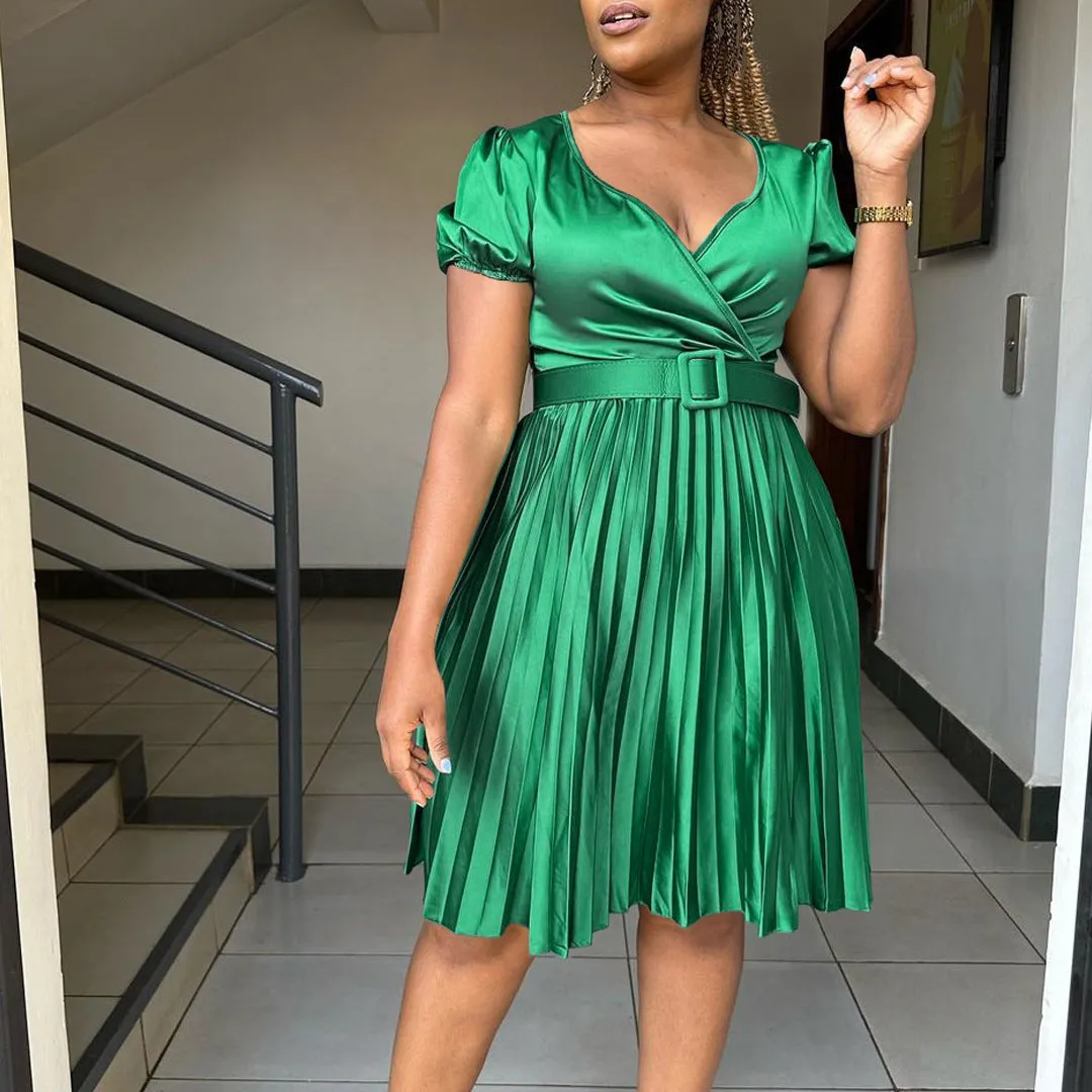 Seductive Pleated Plus Size V-Neck Dress