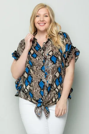 See And Be Seen Blue Snakeskin Button Down Tie Front Plus Blouse