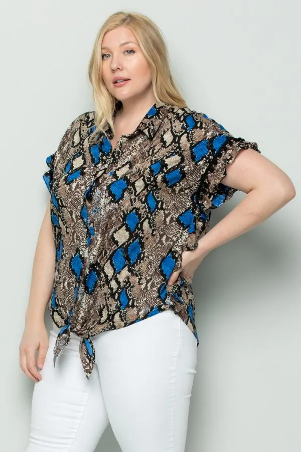 See And Be Seen Blue Snakeskin Button Down Tie Front Plus Blouse