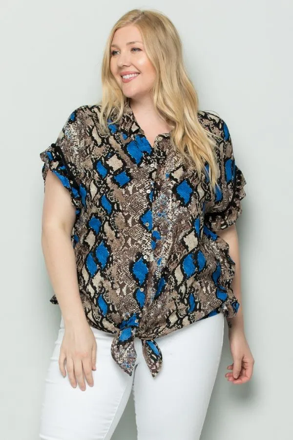 See And Be Seen Blue Snakeskin Button Down Tie Front Plus Blouse