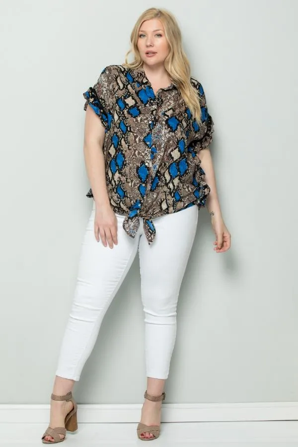 See And Be Seen Blue Snakeskin Button Down Tie Front Plus Blouse