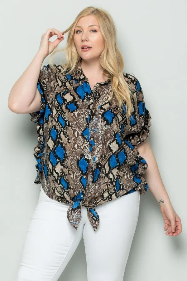 See And Be Seen Blue Snakeskin Button Down Tie Front Plus Blouse
