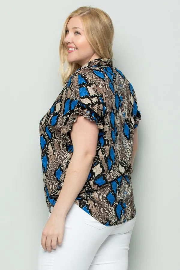 See And Be Seen Blue Snakeskin Button Down Tie Front Plus Blouse