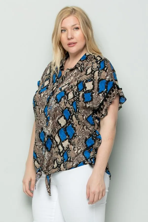 See And Be Seen Blue Snakeskin Button Down Tie Front Plus Blouse