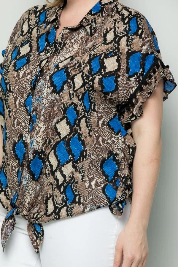 See And Be Seen Blue Snakeskin Button Down Tie Front Plus Blouse