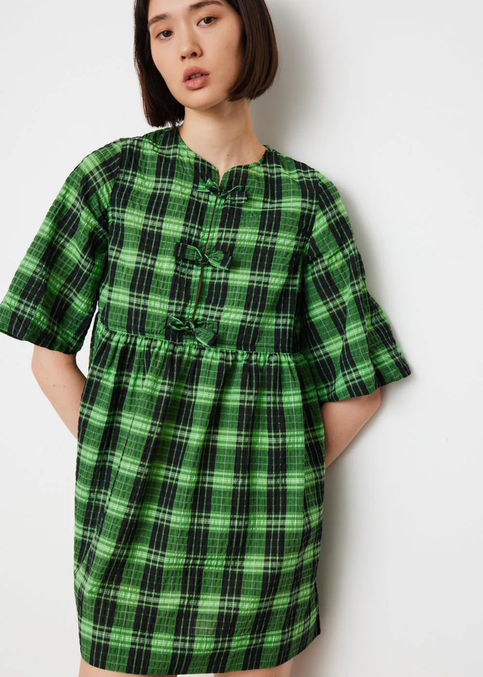 Seersucker Check Ribbon Mini Dress