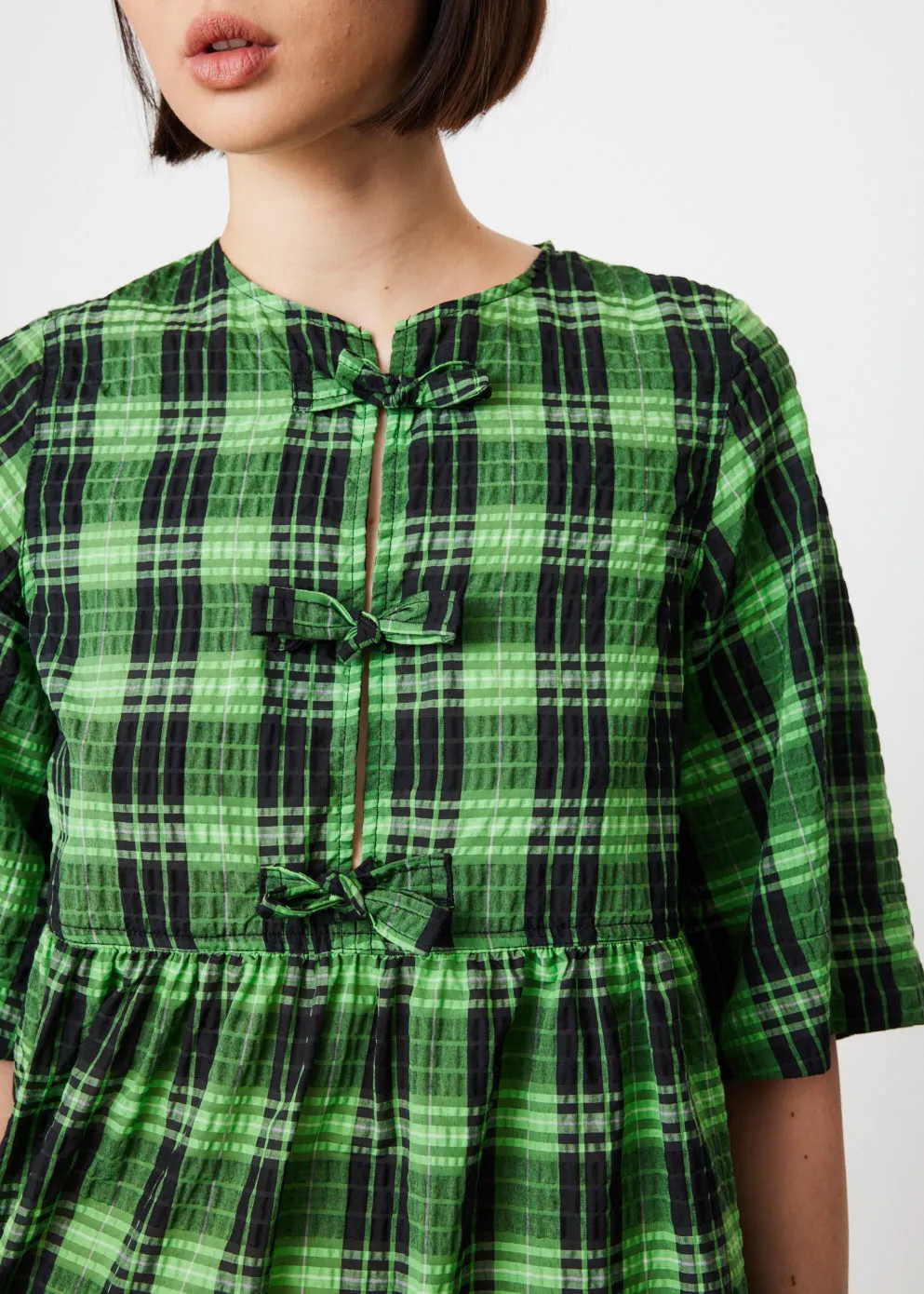Seersucker Check Ribbon Mini Dress