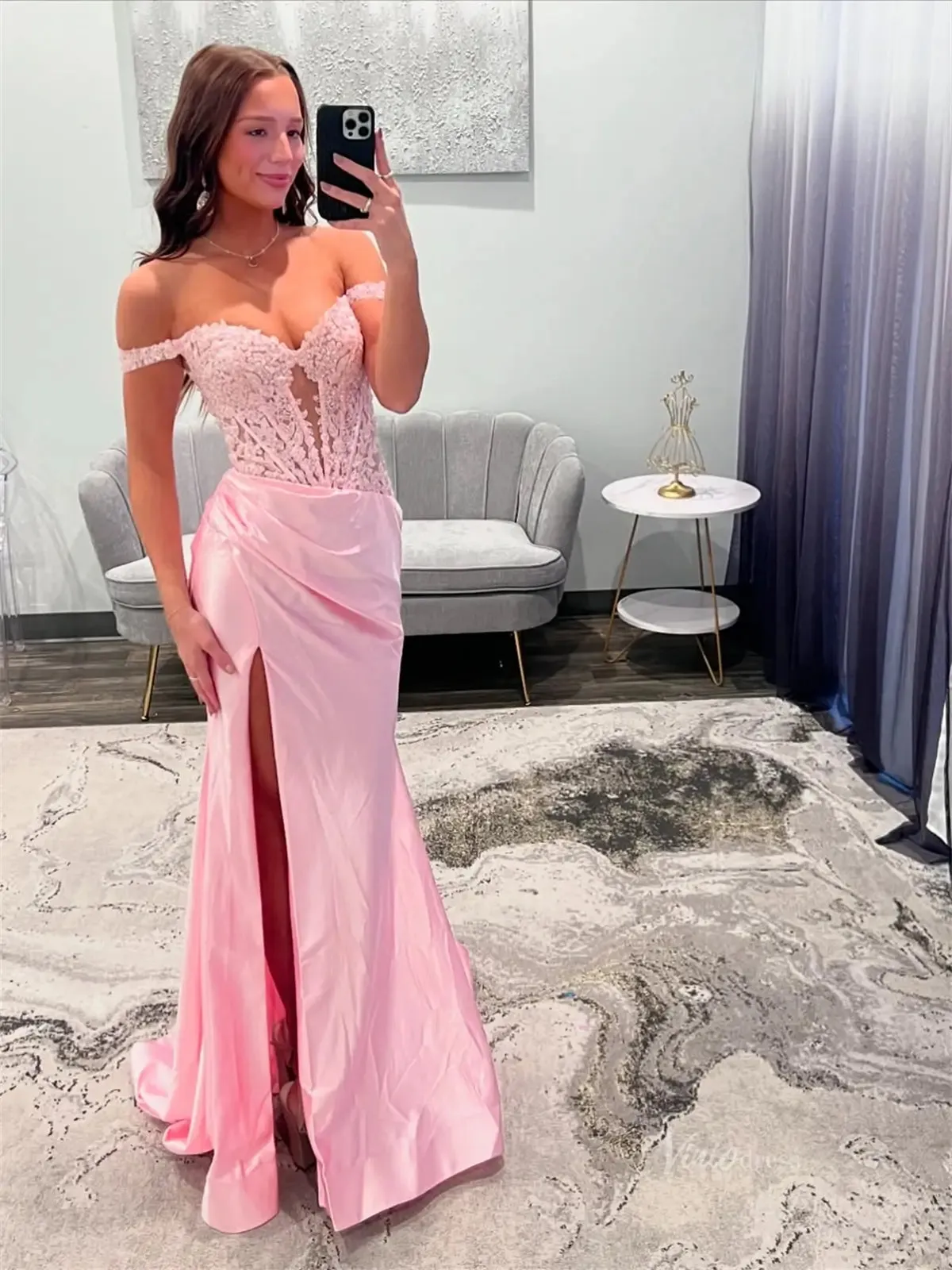 Sheath Pink Satin Prom Dresses 2025 with Slit, Lace Bodice & Off the Shoulder - FD6014