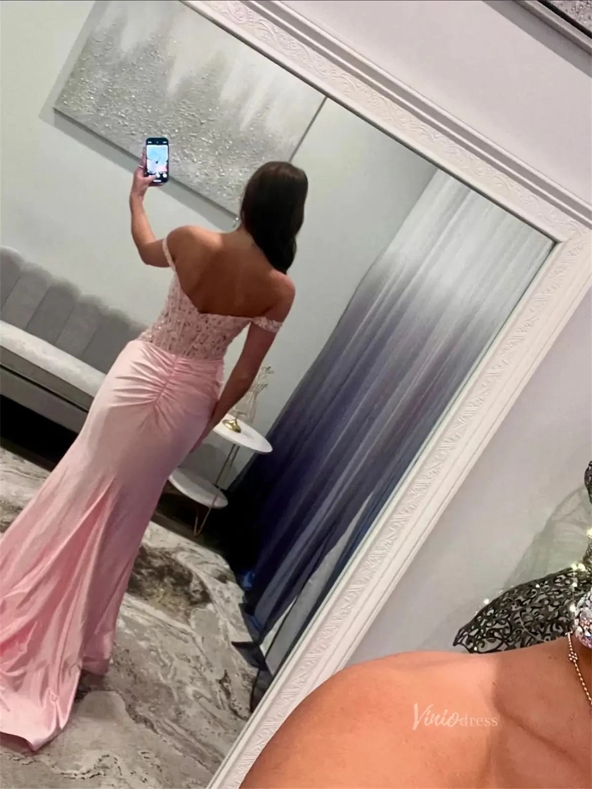 Sheath Pink Satin Prom Dresses 2025 with Slit, Lace Bodice & Off the Shoulder - FD6014