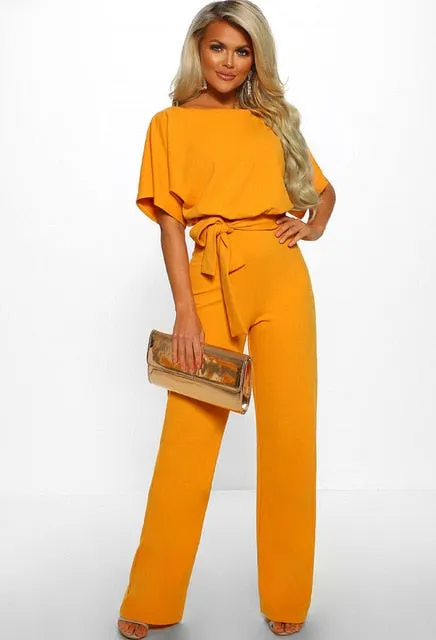 Short Sleeve Elegant jumpsuit Long wide leg Pants High waist